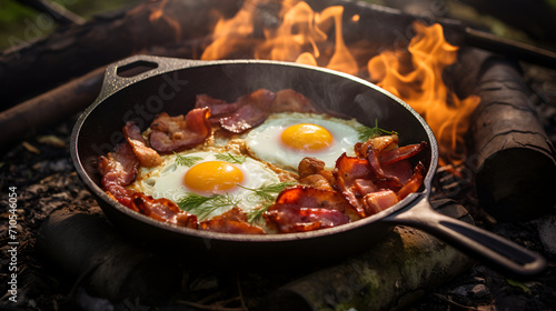 Bacon and eggs and iron pan generated AI