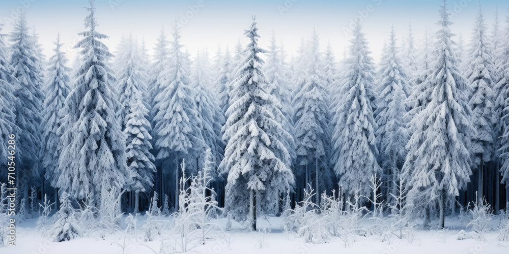 Wide background landscape with rows of pine trees covered in snow. Generative AI Wide background landscape with rows of pine trees covered in snow. Generative AI