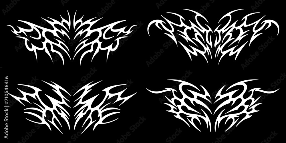 Set of elements in the neotribal style. Abstract ethnic shapes in gothic style. Cyber sigilism for streetwear, merch, t shirt. Vector illustration Set of elements in the neotribal style. Abstract ethnic shapes in gothic style. Cyber sigilism for streetwear, merch, t shirt. Vector illustration