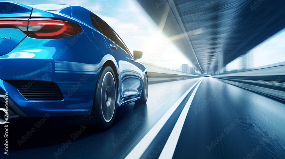 Fototapeta premium Blue car rushing along a high-speed highway. Generated AI
