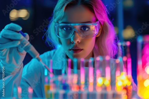 Female scientist researching in the chemistry laboratory with pipettes and test tubes