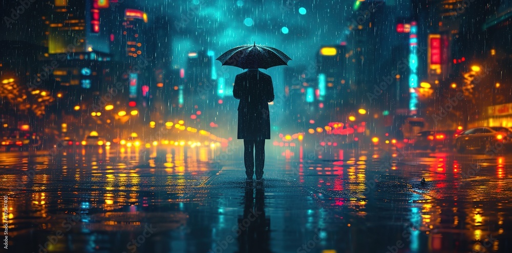 man standing in the rain with umbrella, in the style of grandiose cityscape views, mysterious backdrops, soft-edged, neo-concrete, environmental awareness man standing in the rain with umbrella, in the style of grandiose cityscape views, mysterious backdrops, soft-edged, neo-concrete, environmental awareness