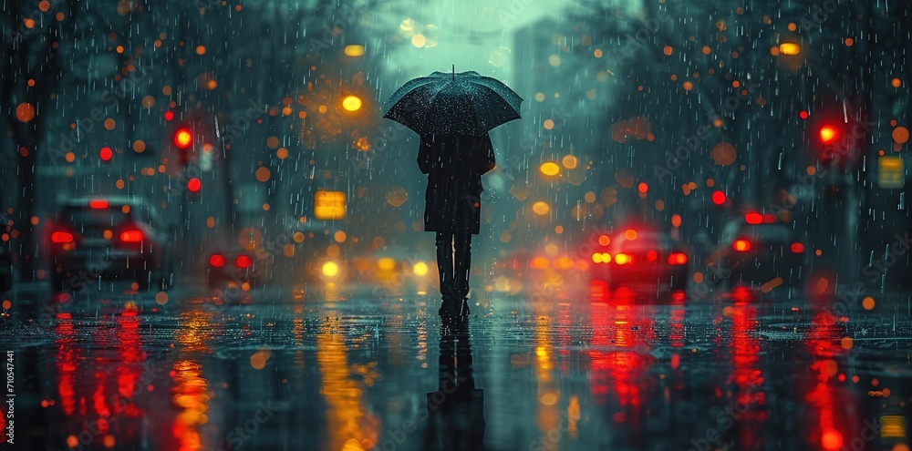 man standing in the rain with umbrella, in the style of grandiose cityscape views, mysterious backdrops, soft-edged, neo-concrete, environmental awareness