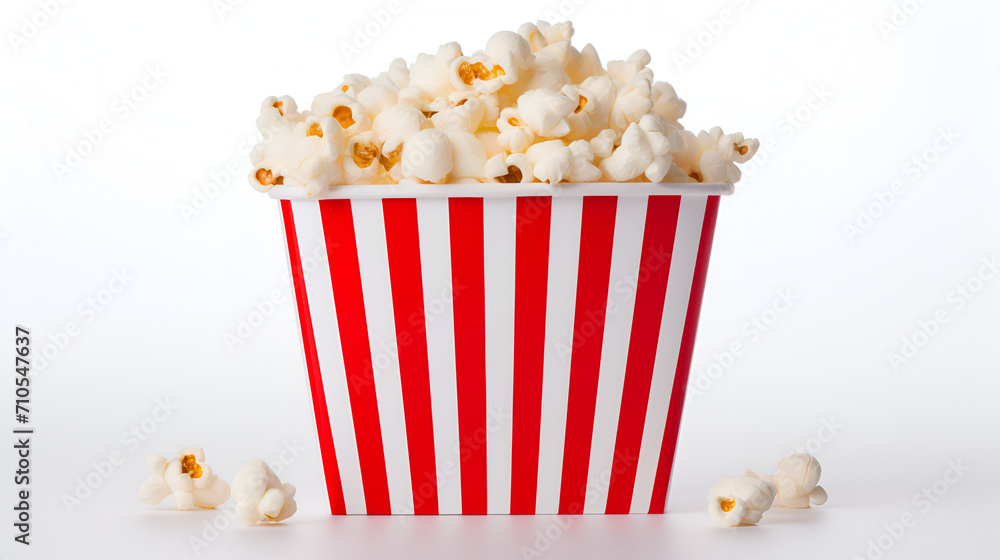 Popcorn in red and white striped cardboard bucket on white background generated AI Popcorn in red and white striped cardboard bucket on white background generated AI