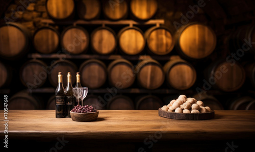 Warm ambient wine cellar with vintage wooden barrels stacked, a classic winemaking tradition, and a rustic wooden tabletop for product display
