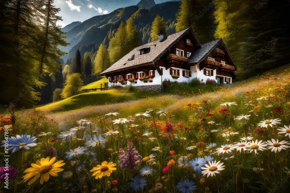 A traditional Bavarian chalet nestled amidst a meadow adorned with colorful wildflowers. A traditional Bavarian chalet nestled amidst a meadow adorned with colorful wildflowers.