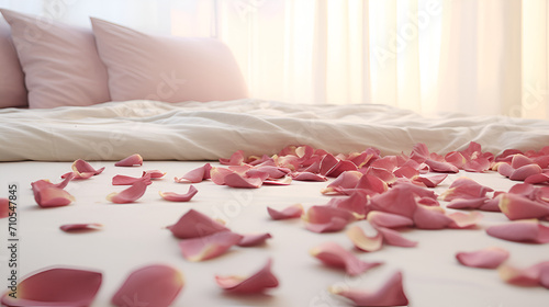 hotel room with big bed and pink flowers generated AI