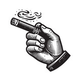 A smoking cigar in a man's hand. Vintage retro engraving illustration. Black icon, logo, label. isolated element. png