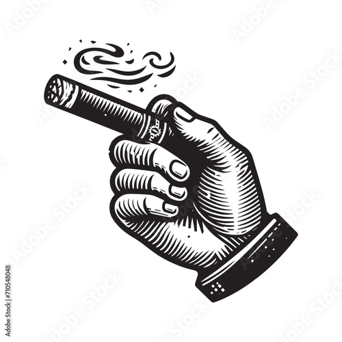 A smoking cigar in a man's hand. Vintage retro engraving illustration. Black icon, logo, label. isolated element. png