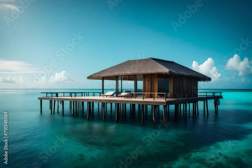 The overwater bungalow  nestled on stilts  mirrors itself perfectly on the serene  undisturbed ocean  creating an ethereal spectacle of serenity and tranquility.