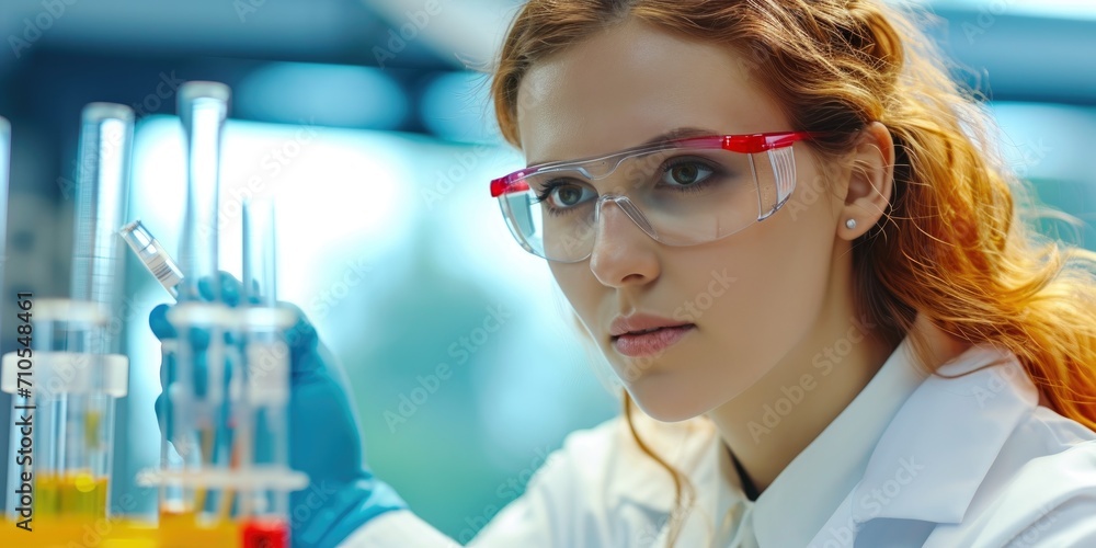 Female scientist researching in the chemistry laboratory with pipettes and test tubes Female scientist researching in the chemistry laboratory with pipettes and test tubes