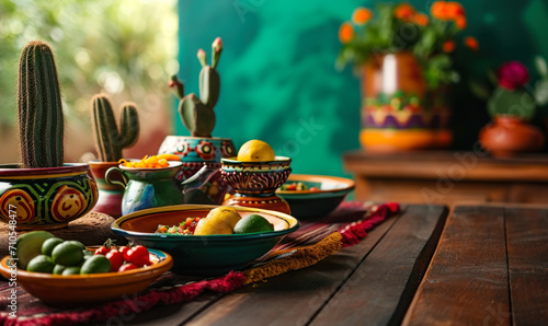 Festive Mexican culinary setup with vibrant ceramic dishes, traditional decorations, cactus, and bright colors celebrating Hispanic heritage and cuisine