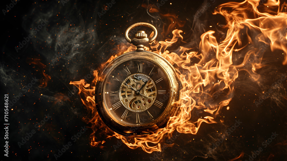 The clock is on fire, time ends burning in the fiery image of a pocket watch. Generative AI.