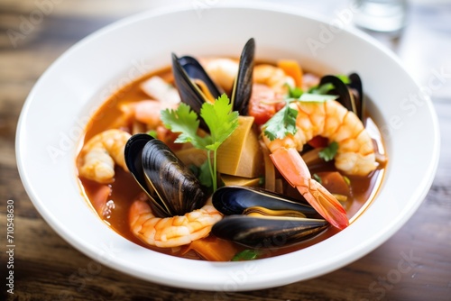 close-up of cioppino showcasing shrimp, mussels, and a rich broth photo