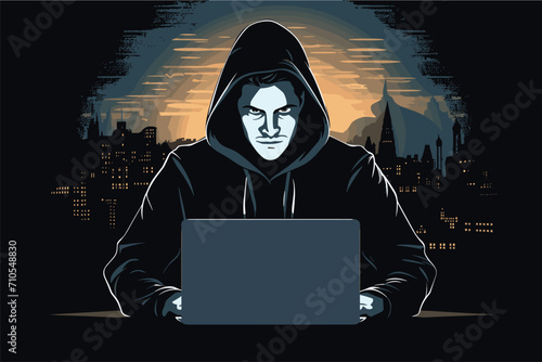 Hacker writing binary codes in the dark web, Computer hacker silhouette hoodie and mask hides his face