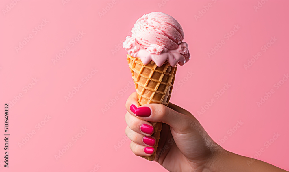 Hand Holding a Waffle Cone with Strawberry Ice Cream Scoop on a Pink Background, Summertime Dessert Concept with Matching Nail Polish - obrazy, fototapety, plakaty 
