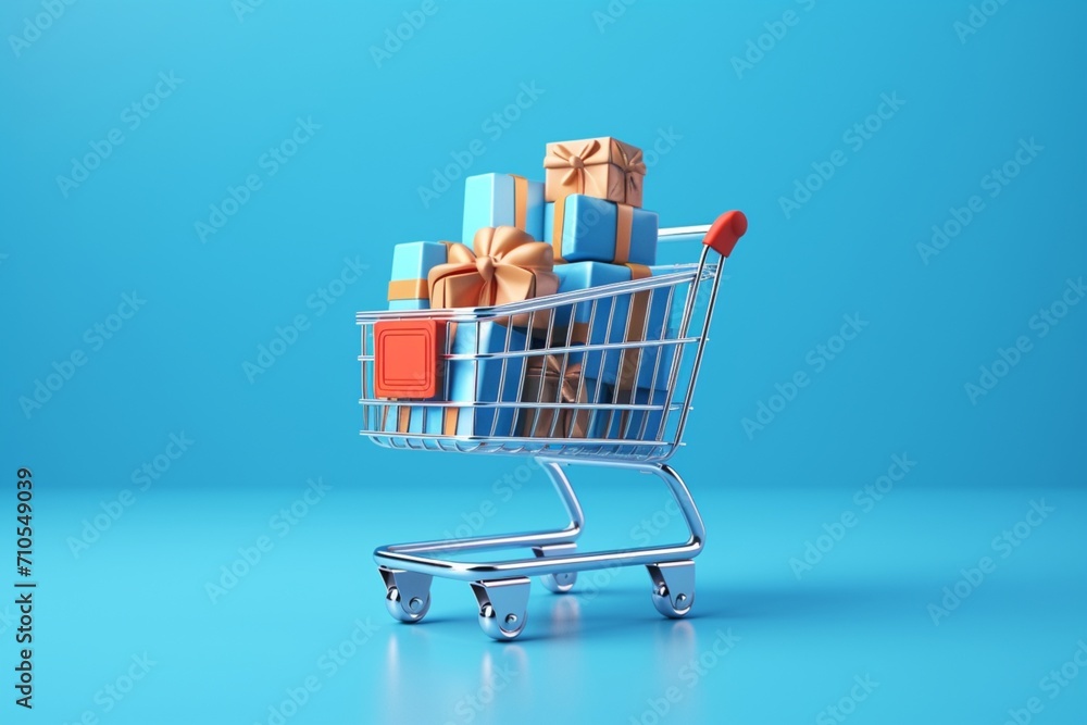 A shopping cart with boxes against a blue background, boldly stating shopping