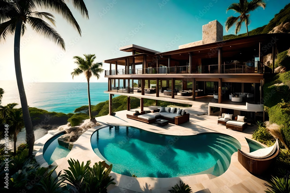 A luxurious oceanfront estate with a sprawling veranda, adorned with hanging hammocks, overlooking a private cove where dolphins play in the distance.