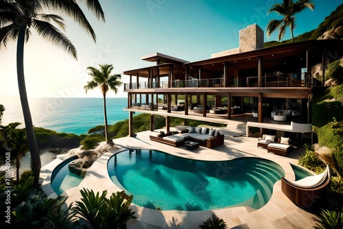 A luxurious oceanfront estate with a sprawling veranda  adorned with hanging hammocks  overlooking a private cove where dolphins play in the distance.