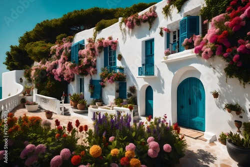 A charming seaside retreat with a whitewashed facade, enveloped by colorful blooms and offering panoramic views of the tranquil ocean. photo