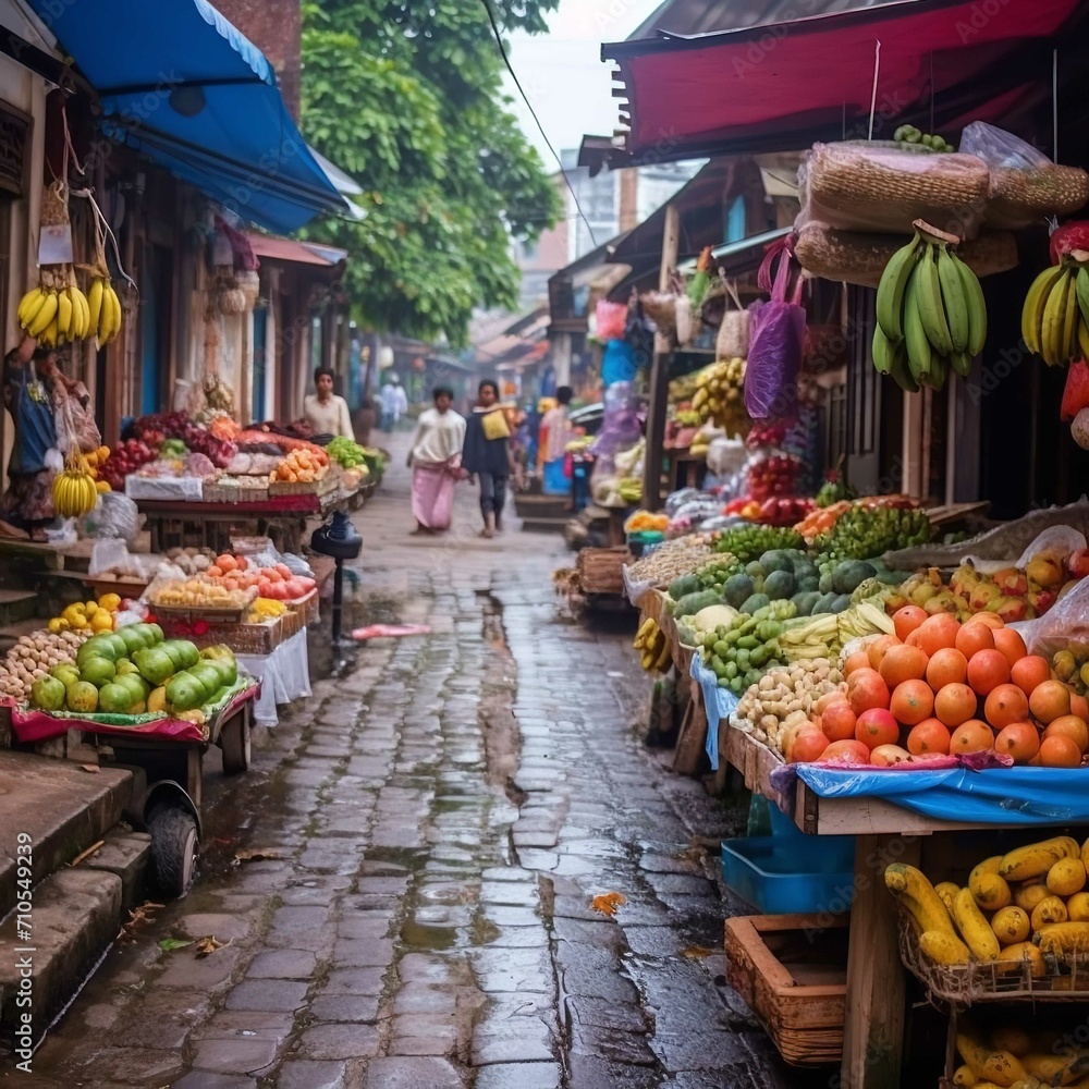 Street Market with Fresh Fruits and Vegetables