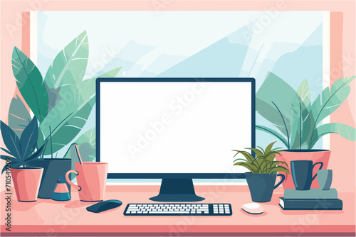 Computer in the office, Office workspace concept, Desktop computer on desk with CPU, keyboard, mouse