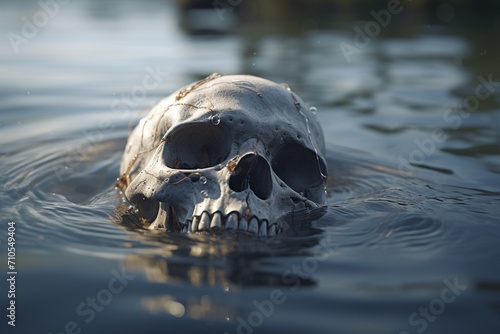 A skeleton skull emerges from the water in this eerie view