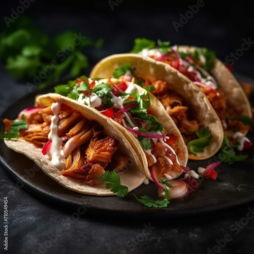 Tasty Tacos with Meat and Vegetables on Dark Background