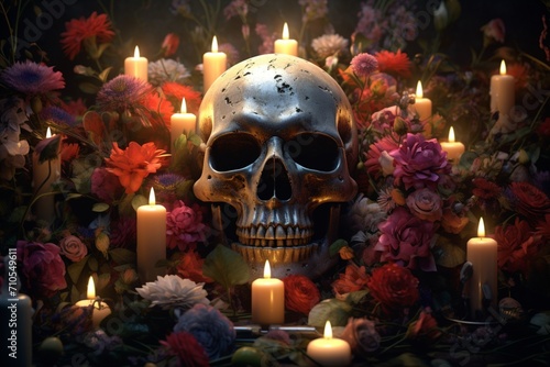 A skull surrounded by many candles and flowers