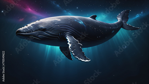 Whales swimming on a space themed background
