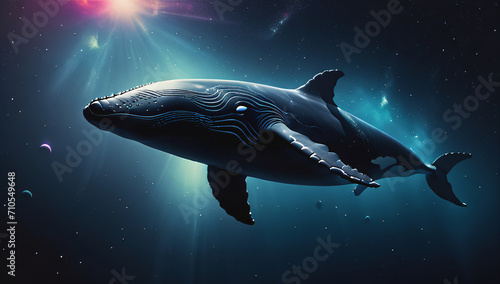 Whales swimming on a space themed background