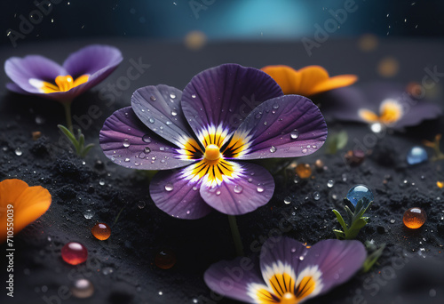 Blooming pansies on the moist  dripping ground