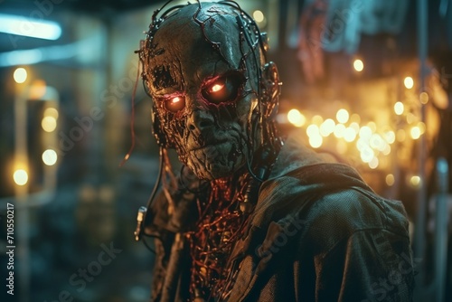 Cybernetic Apocalypse: Zombie Cyborg in Dystopian Cyberpunk Setting. Futuristic Horror