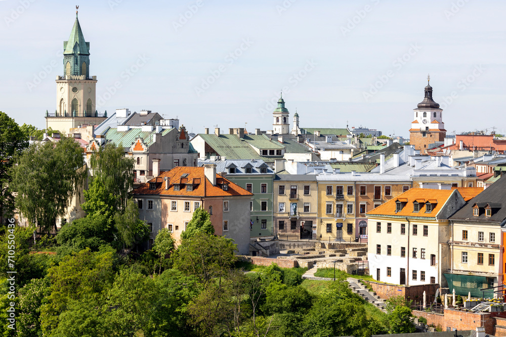 Aerial view of Old Parish Square and Trinitarian Tower, Lublin, Poland