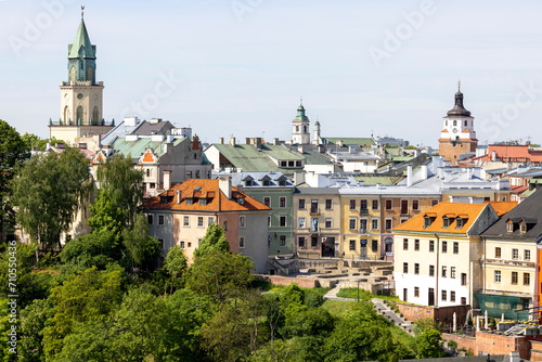 Aerial view of Old Parish Square and Trinitarian Tower, Lublin, Poland