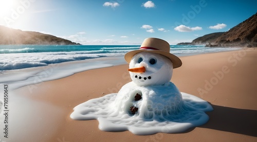 a snowman on beach beginning to melt photo