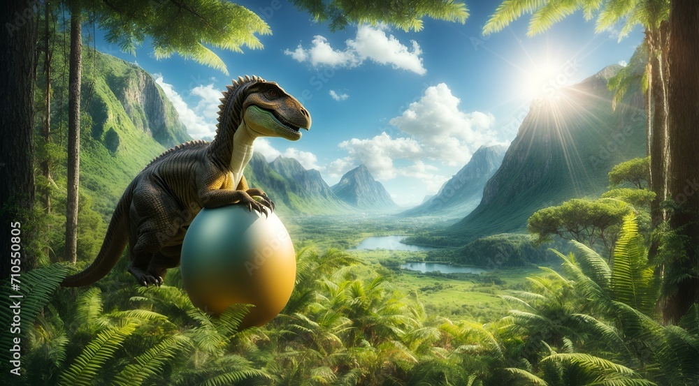 Obraz premium a dinosaur sitting on a giant egg