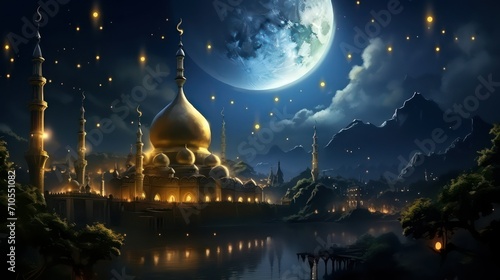 Mosque with night landscape with moon and stars