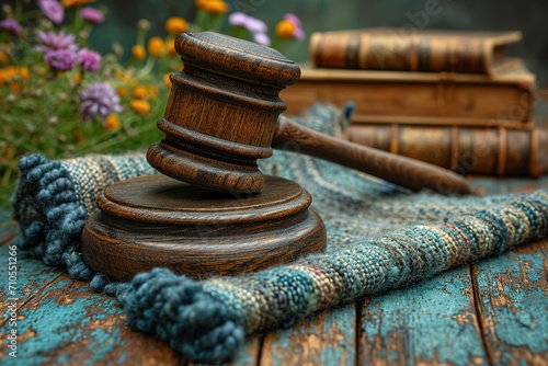 on justice and the law judge and gavel, in the style of environmental awareness, indigo and green, ready-made objects, national geographic photo, naturecore, natural fibers, studyplace photo