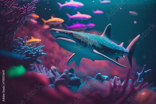 Glowing Aquatic Harmony: Neon Shark and Fish Illuminating the Depths. Captivating Underwater Brilliance © Raccoon Stock AI