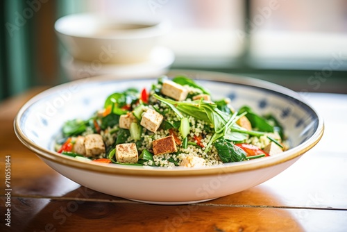 vegan couscous salad with tofu and spinach leaves