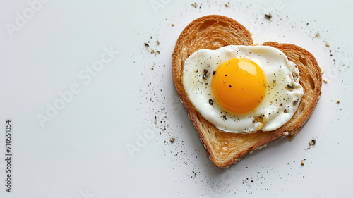 Toast with fried egg in heart shape, white background, space for text. Valentine's Day greeting card