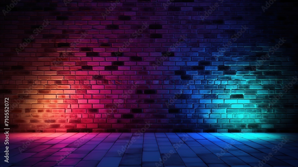 dark brick wall texture with purple and blue neon lights. Product mockup, retrowave style. 3d rendering,
