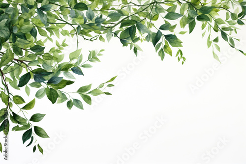 Eucalyptus green leaves frame. Herbal foliage border decoration on a white background. Top view in copy space with a place for text. For invitations, weddings, greeting cards. Generative AI.  photo