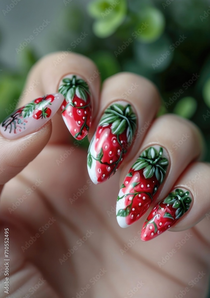 close-up of woman’s hand with a summer-style manicure. A detailed 3D nail art design featuring a realistic miniature berry sculpture on a natural nail. close-up of woman’s hand with a summer-style manicure. A detailed 3D nail art design featuring a realistic miniature berry sculpture on a natural nail.