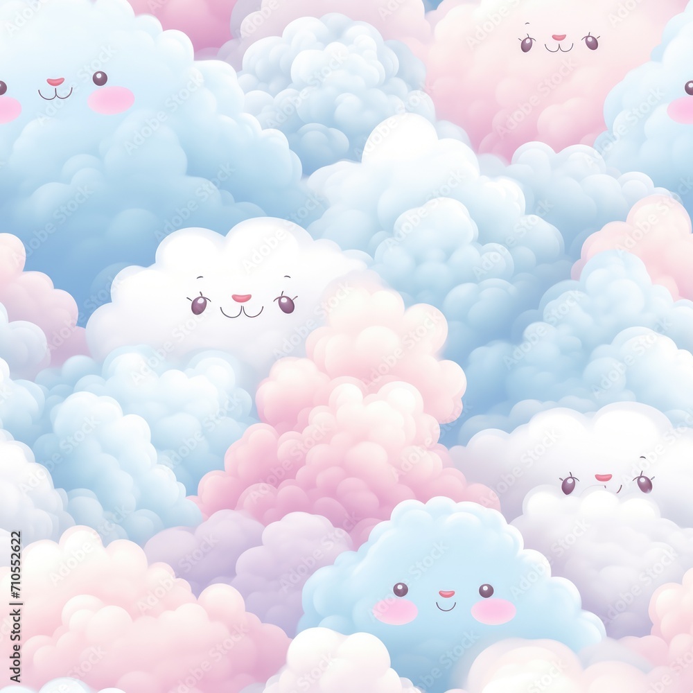 Cloud cute plush Seamless Pattern. Fluffy, fur clouds tile in pastel colors. Illustration with cloud, animal background for textile, fabric, wrapping paper.