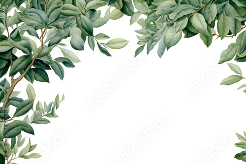 Eucalyptus green leaves frame. Herbal foliage border decoration on a white background. Top view in copy space with a place for text. For invitations, weddings, greeting cards. Generative AI. 