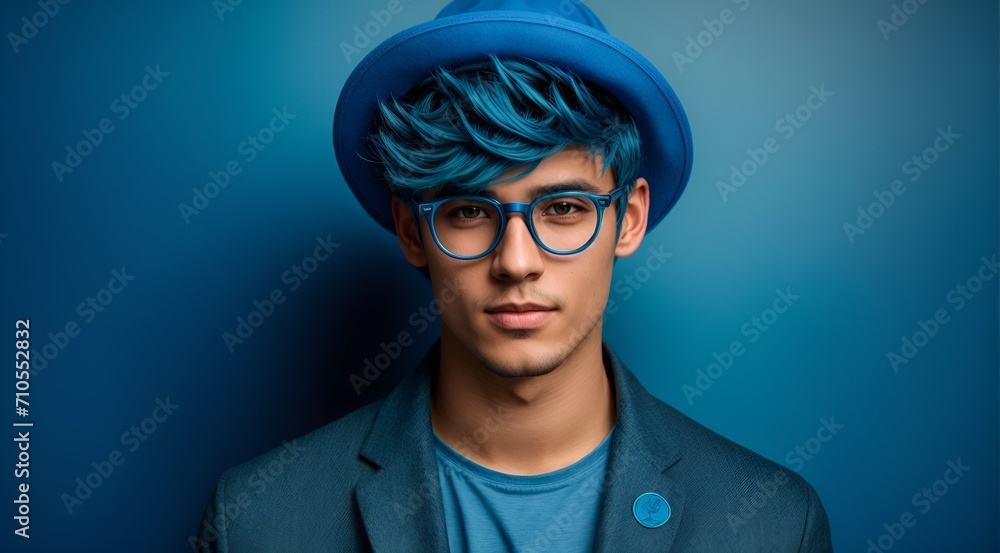 a young man with blue hair, blue glasses, and a blue hat a young man with blue hair, blue glasses, and a blue hat
