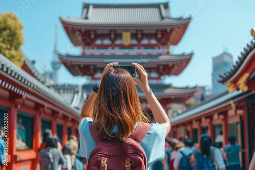 Traveler woman take a photo afamous Buddhist temple in Tokyo. Popular touristic destination concept photo