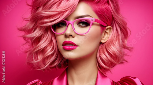 a woman with pink hair  pink glasses  and pink lipstick